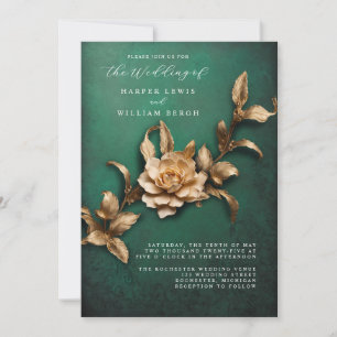 vintage 3d gold foliage qr code wedding invitation