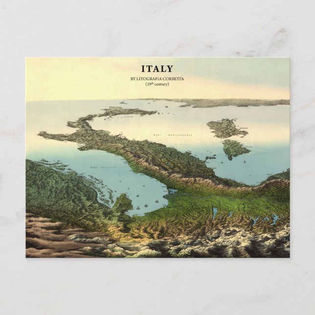 Vintage 3D Map of Italy (19th century) Postcard (Front)