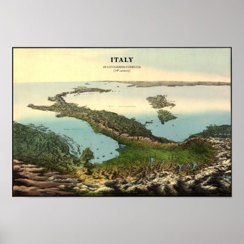 Vintage 3D Map of Italy 19th century Poster