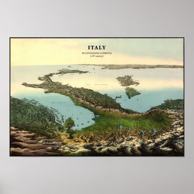 Vintage 3D Map of Italy (19th century) Poster (Front)