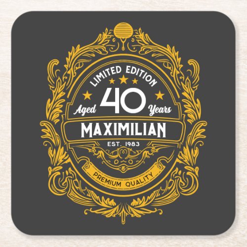 Vintage 40th Birthday Whiskey Label With Your Name Square Paper Coaster