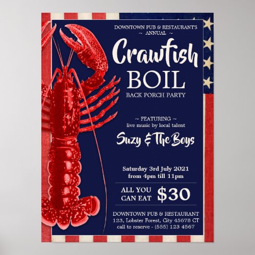 Vintage 4th of July Crawfish Boil Party Restaurant Poster