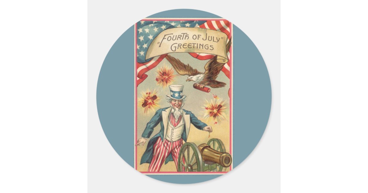Vintage 4th of July Fireworks with Uncle Sam Classic Round Sticker | Zazzle
