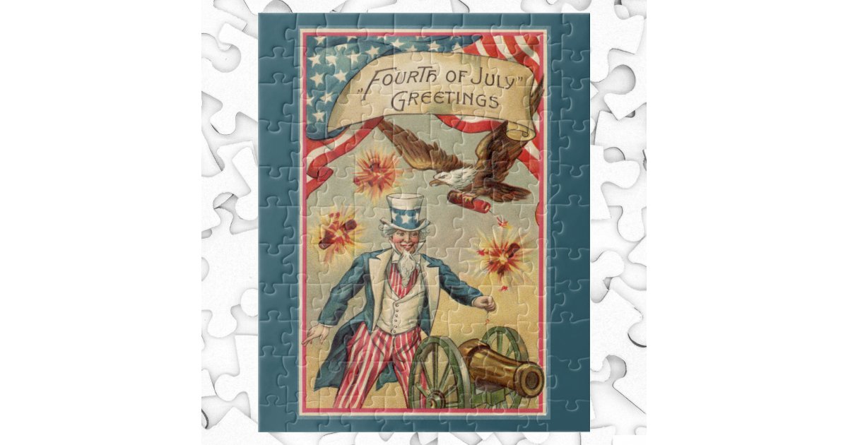 Vintage 4th of July Fireworks with Uncle Sam Jigsaw Puzzle | Zazzle
