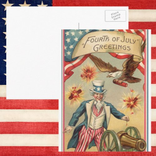 Vintage 4th of July Fireworks with Uncle Sam Postcard