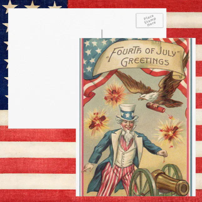 Vintage 4th of July Fireworks with Uncle Sam Postcard | Zazzle