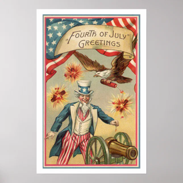 Vintage 4th of July Fireworks with Uncle Sam Poster | Zazzle
