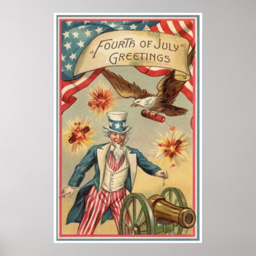Vintage 4th of July Fireworks with Uncle Sam Poster