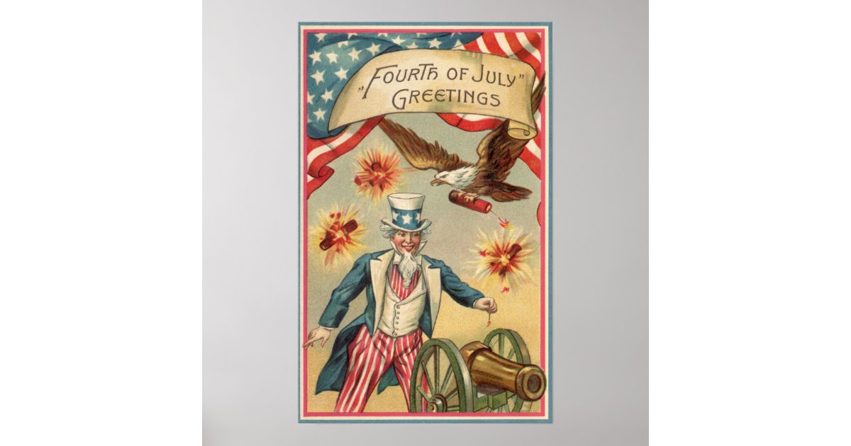 Vintage 4th of July Fireworks with Uncle Sam Poster | Zazzle