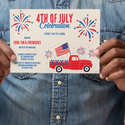 Vintage 4th of July Red White Fireworks Invitation