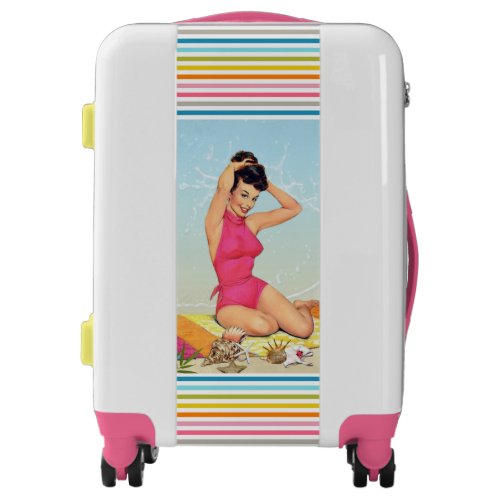 Vintage 50s Beach Pin Up Model Girl Art Luggage