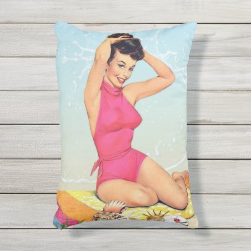 Vintage 50s Beach Pin Up Model Girl Art Outdoor Pillow