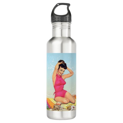 Vintage 50s Beach Pin Up Model Girl Art Stainless Steel Water Bottle