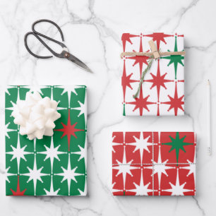 Vintage 50s Retro Christmas Stars Red Green White Wrapping Paper Sheets