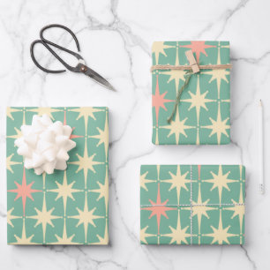 Vintage 50s Retro Stars Pattern Teal Mint & Pink Wrapping Paper Sheets