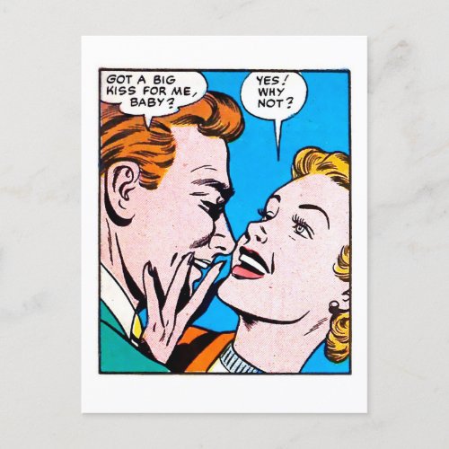 Vintage 50s Romantic Comics Panel Got A Big Kiss Postcard