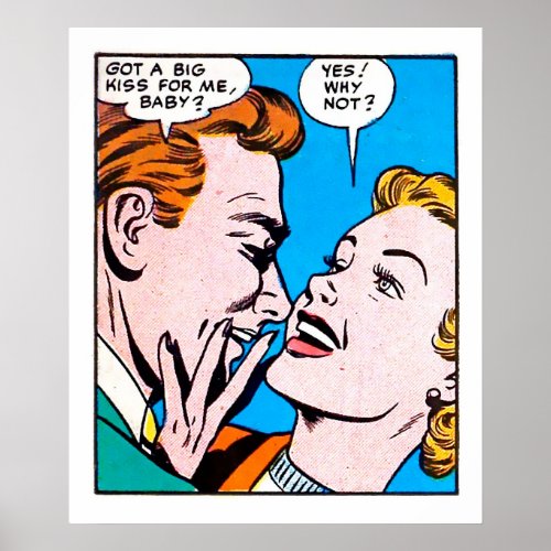 Vintage 50s Romantic Comics Panel Got A Big Kiss Poster