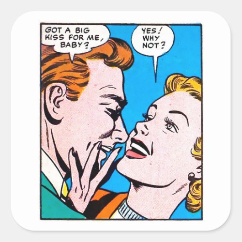 Vintage 50s Romantic Comics Panel Got A Big Kiss Square Sticker