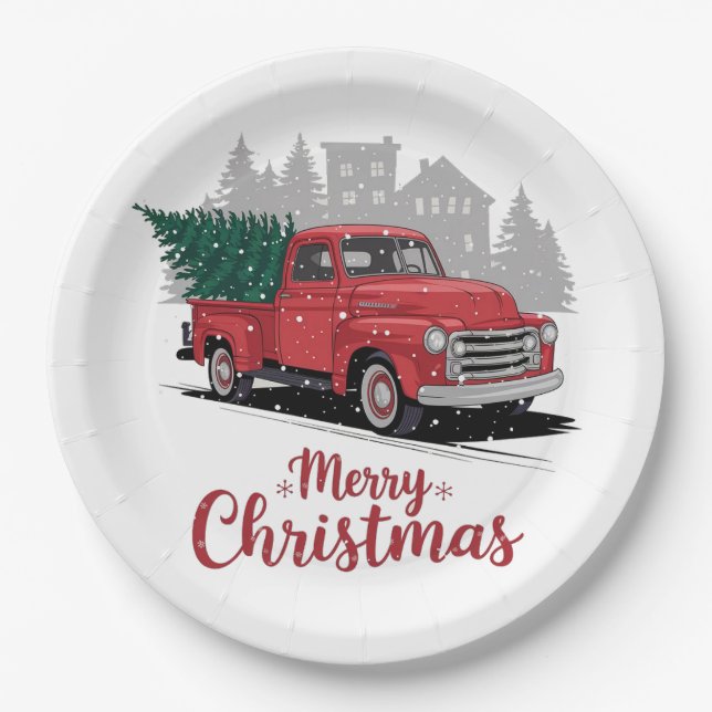 Vintage 50's style truck Christmas Paper Plates (Front)
