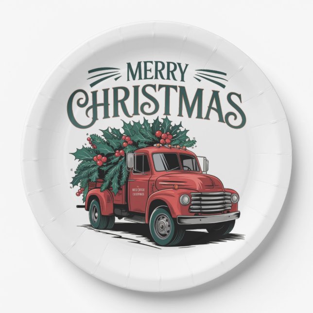 Vintage 50's style truck Christmas Paper Plates (Front)
