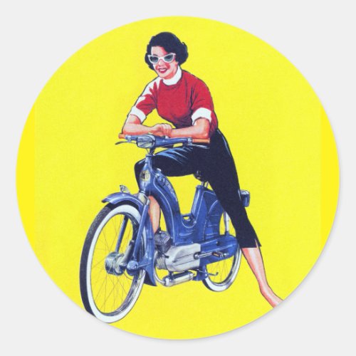 Vintage 50s Women Motorcycle Moped Girl Classic Round Sticker