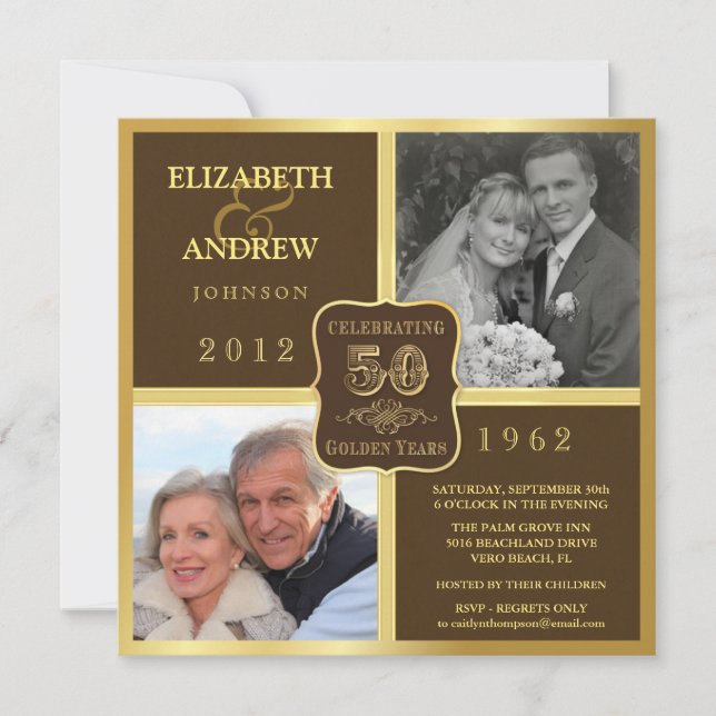 Vintage 50th Anniversary Fancy 2 Photo Invites (Front)