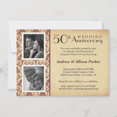 Vintage Damask Anniversary Double Photo Invitation