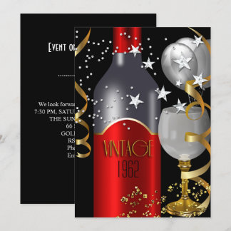 Vintage 50th Birthday Red Wine Black Gold Silver Invitation