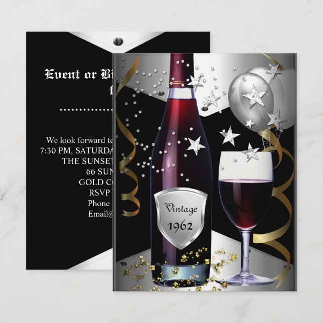 Vintage 50th Birthday Wine Black Gold Silver Invitation (Front/Back)