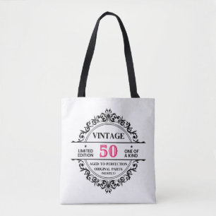 Vintage 50th Black & Pink Monogram Birthday Tote Bag