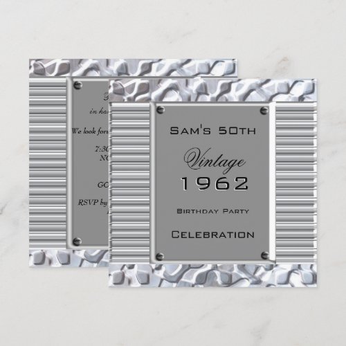 Vintage 50th Silver Metal Look Birthday Party Custom Announcements
