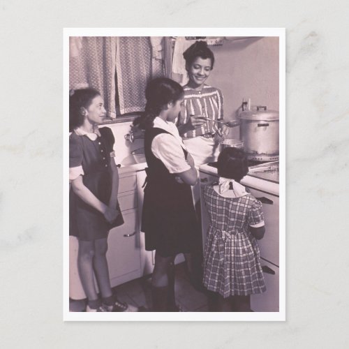 Vintage 60s mother and daughters cooking at stove postcard