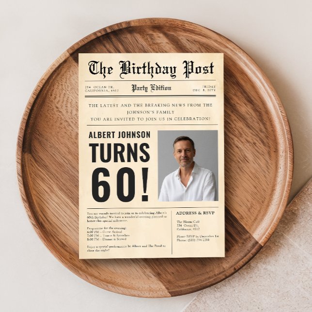Vintage 60th Birthday Newspaper Cover Custom Photo Invitation (Creator Uploaded)