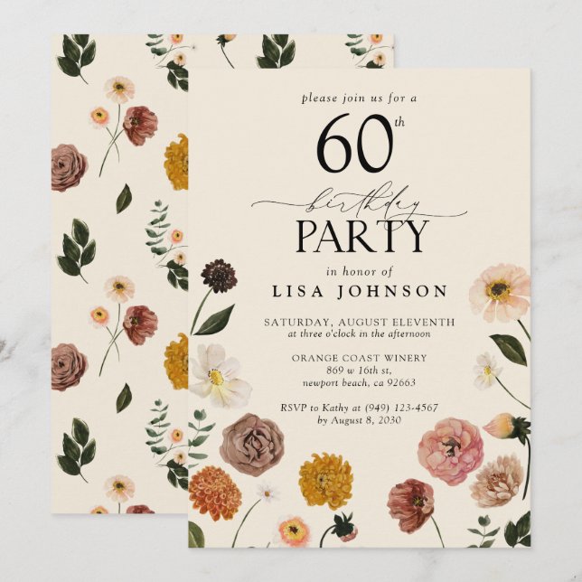 Vintage 60th Birthday Party Terracotta Flowers Invitation (Front/Back)
