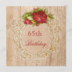 Vintage 65th Birthday Red Rose Wooden Frame Invitation