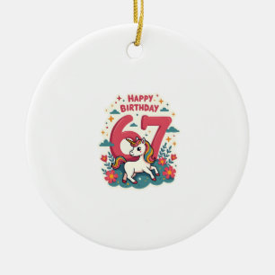 Vintage 67th Birthday Unicorn Rainbow Cute Cartoon Ceramic Ornament