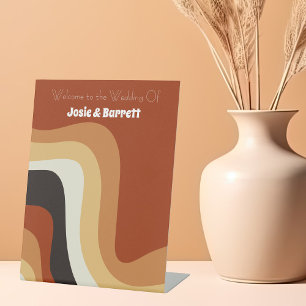 Vintage 70s Abstract Burnt Orange Wedding Welcome Pedestal Sign