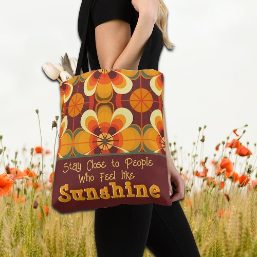 Vintage 70s Boho Floral Orange and Burgundy Tote Bag