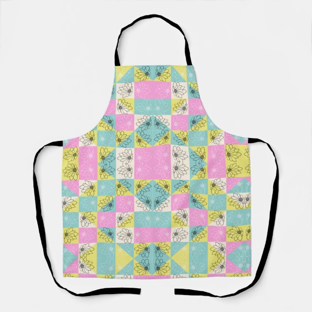 Vintage 70s Checkerboard Spring Flowers Pattern Apron (Front)
