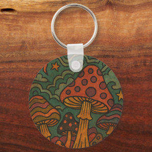 Vintage 70s Psychedelic Mushroom Magic Garden Keychain