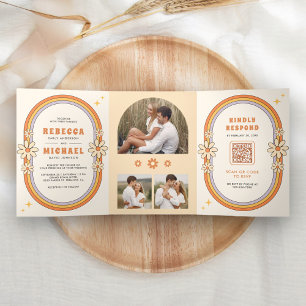 Vintage 70s Retro Colorful Groovy Frame Wedding Tri-Fold Invitation