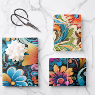 Vintage 70s Retro Hippie Style Flower Power Boho Wrapping Paper Sheets