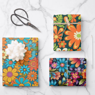 Vintage 70s Retro Hippie Style Flower Power Boho Wrapping Paper Sheets