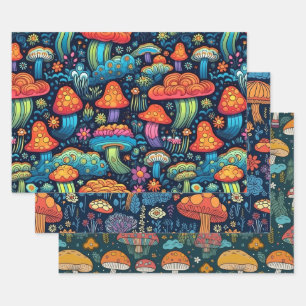 Vintage 70s Retro Hippie Style Mushroom Boho Set 3 Wrapping Paper Sheets