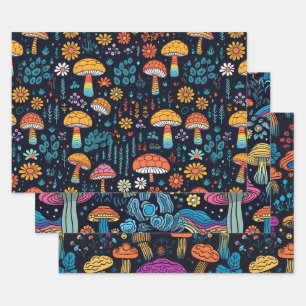 Vintage 70s Retro Hippie Style Mushroom Boho Set 3 Wrapping Paper Sheets