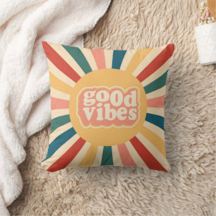 Vintage 70s Retro Sunburst Good Vibes Throw Pillow