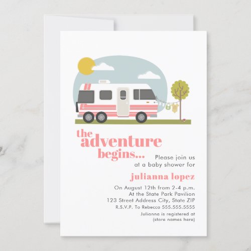 Vintage 70s RV Motorhome Pink Baby Shower Invitation