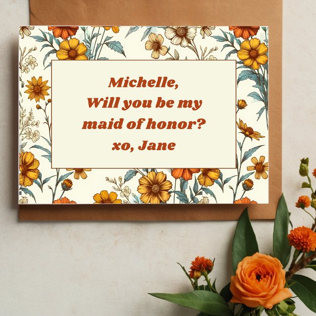 Vintage 70s Wildflower Boho Maid of Honor Proposal Note Card (Creator Uploaded)