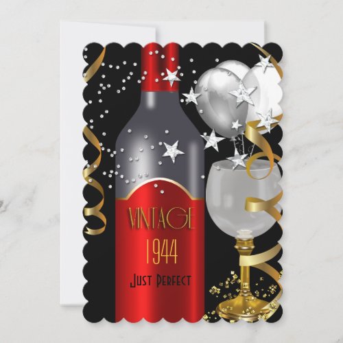 Vintage 70th Birthday Red Wine Black Gold 1944 Invitation