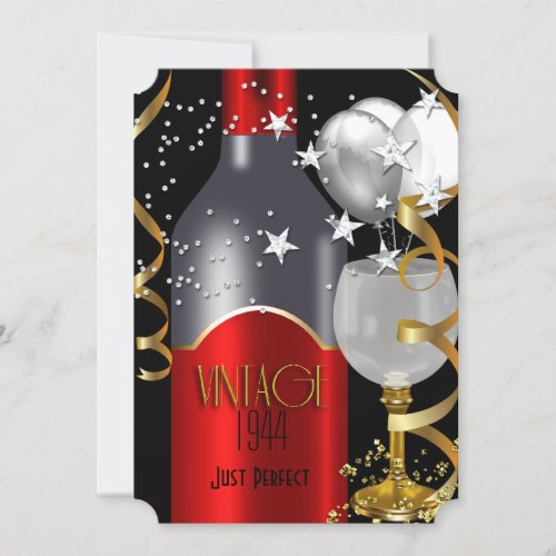 Vintage 70th Birthday Red Wine Black Gold Silver 2 Invitation